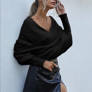 Off the shoulder knit wrap sweater BLACK